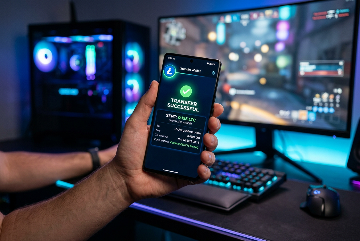 A smartphone showing a cryptocurrency micro-transaction for a casino deposit.